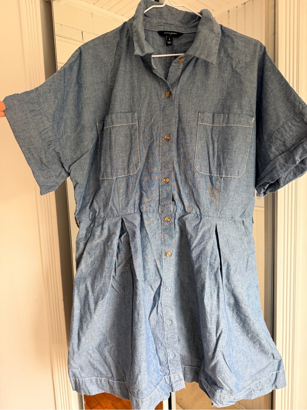 Banana Republic Chambray Button-Front Short Sleeve Dress Top - Light Blue
